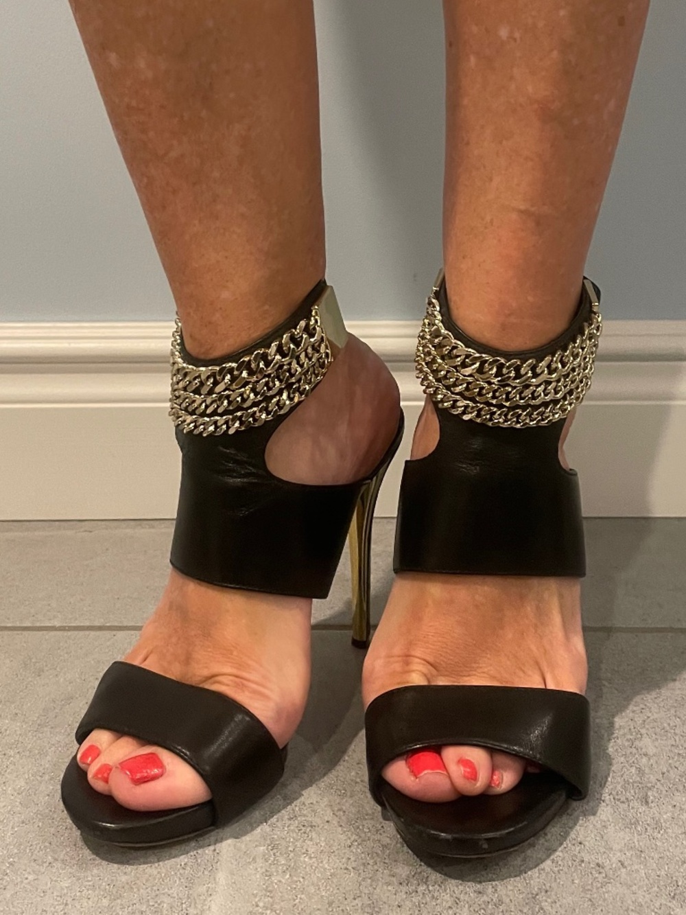 MARCIANO Black with Gold Chain High Heel Sandals